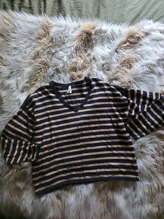 Pact Sweaters - Pact V-Neck Long Sleeve Top Navy Beige Stripe